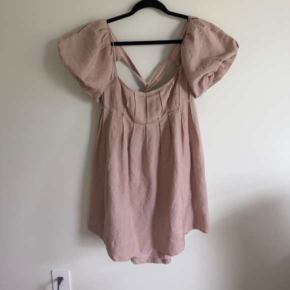En Saison Dresses & Skirts - En Saison Dusty Rose Linen Blend Puff Sleeve Open Back Mini Dress Large NWT